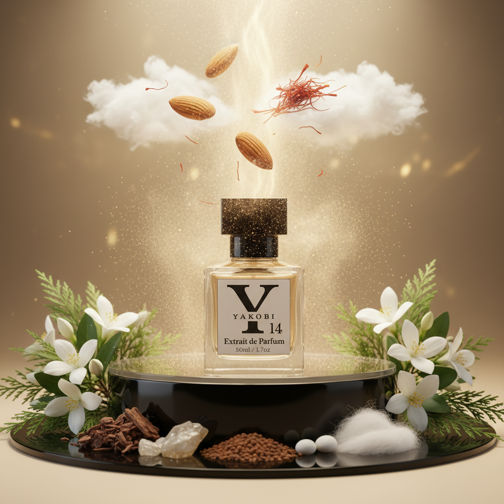 Perfume bottle with botanical elements on a decorative stand