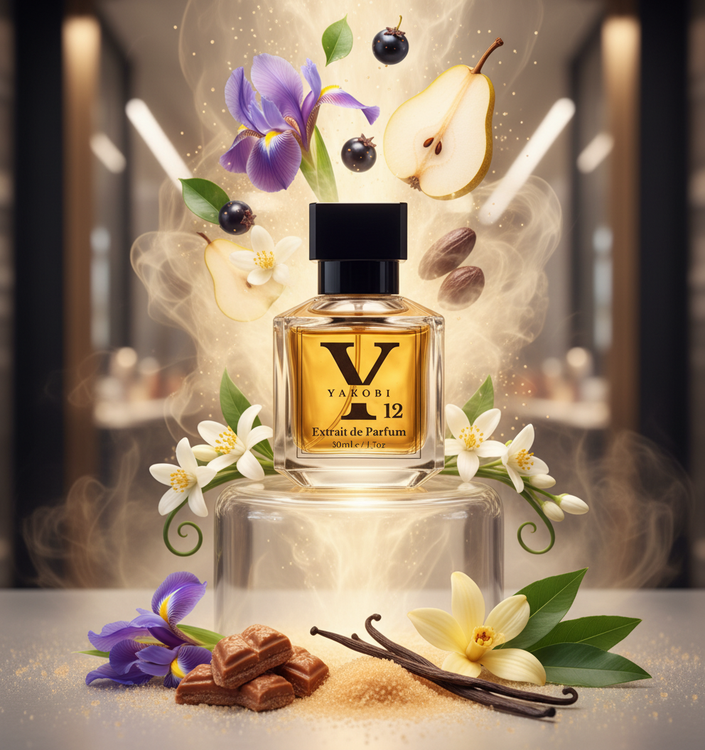 Perfume bottle with floral and fruit elements on a blurred background