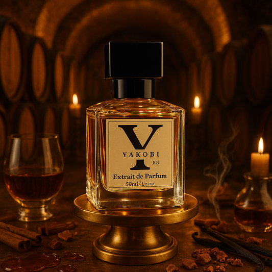 Yakobi LE101 Angels Fire perfume bottle on a gold pedestal in a dimly lit cellar, surrounded by burning candles, cinnamon sticks, and glasses of cognac.