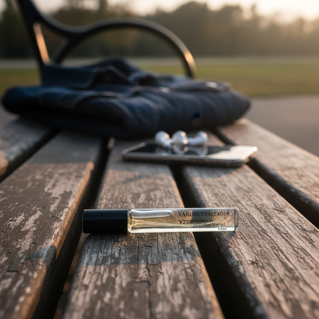 Yakobi Travel bottle on a wooden bench with a blurred background