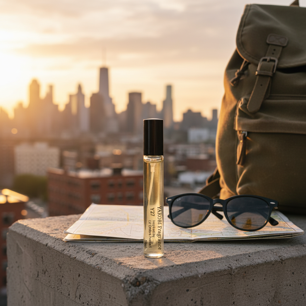 Perfume bottle, sunglasses, and backpack with city skyline in the background