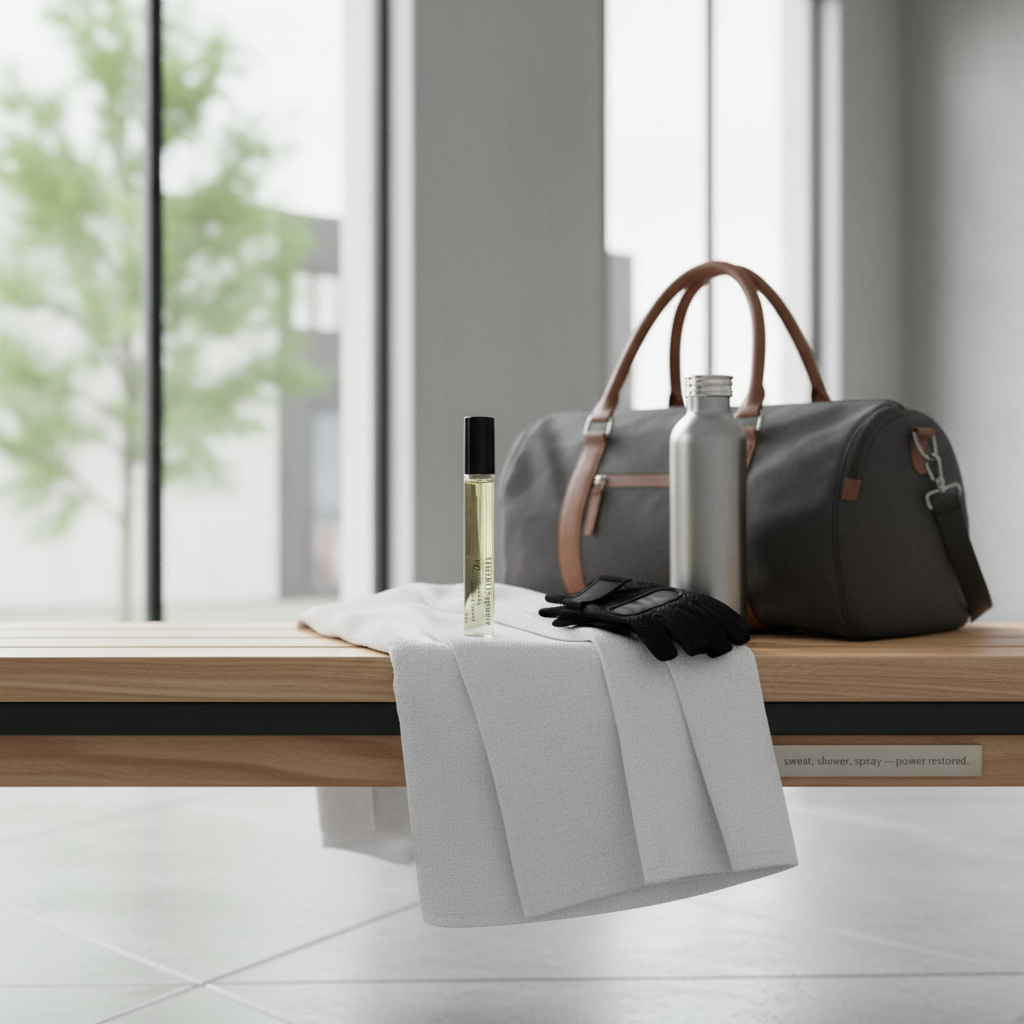 Gray duffel bag, white towel, and black gloves on a wooden bench with a blurred window background