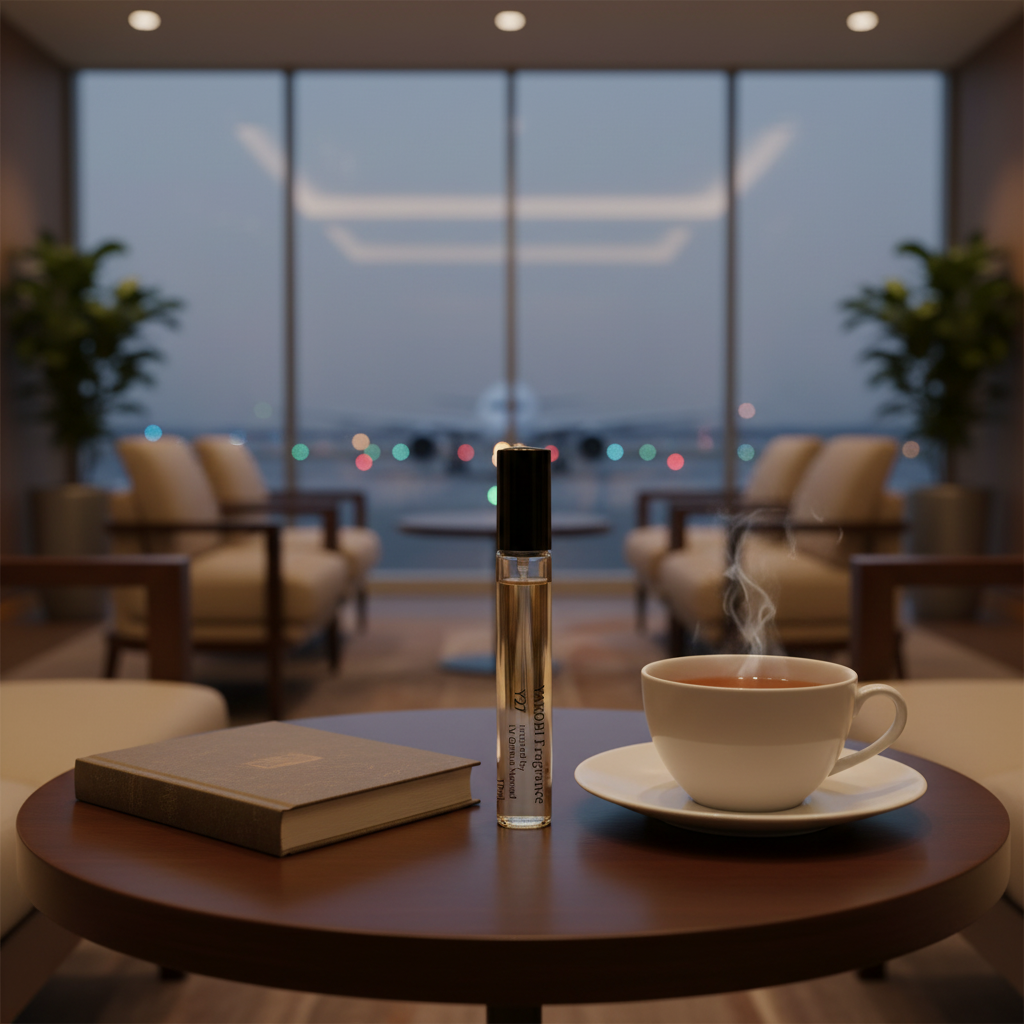 Cup of steaming coffee with a book and a bottle on a table in a modern cafe setting.