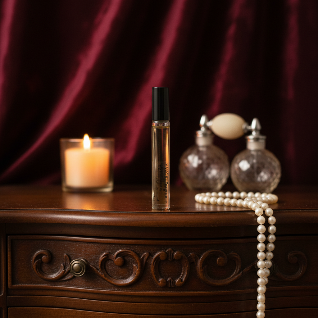 Perfume bottle, candle, and pearls on a wooden surface with a dark curtain background