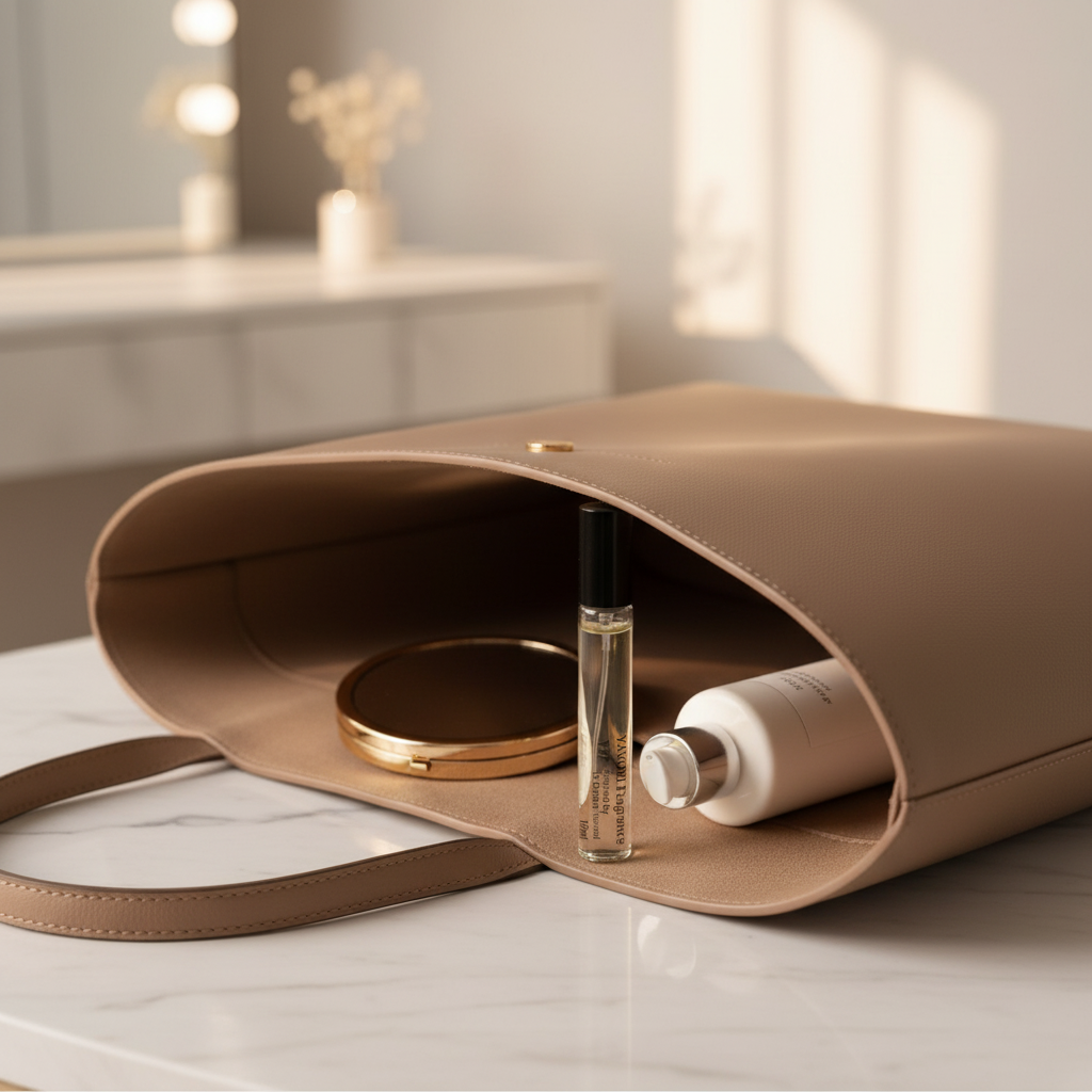 Beige handbag with cosmetic items inside, blurred background