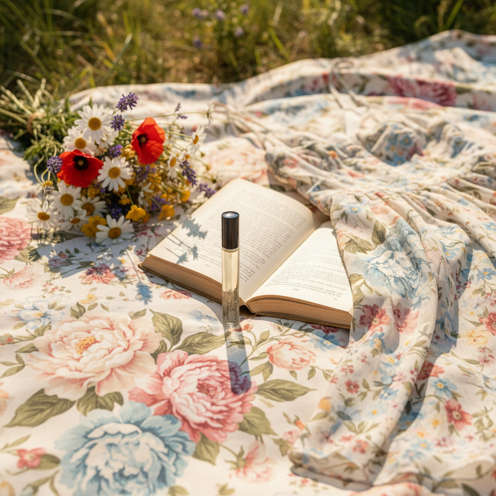 Open book with a pen on a floral blanket with flowers and grass in the background