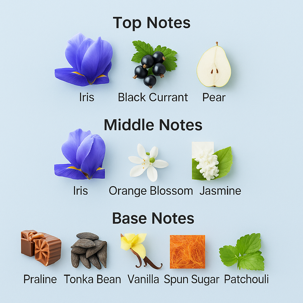 Chart of top, middle, and base notes with corresponding floral and fruit elements on a light blue background.