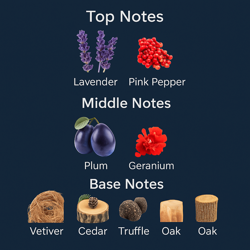 Chart of top, middle, and base notes with corresponding botanical images on a dark blue background.
