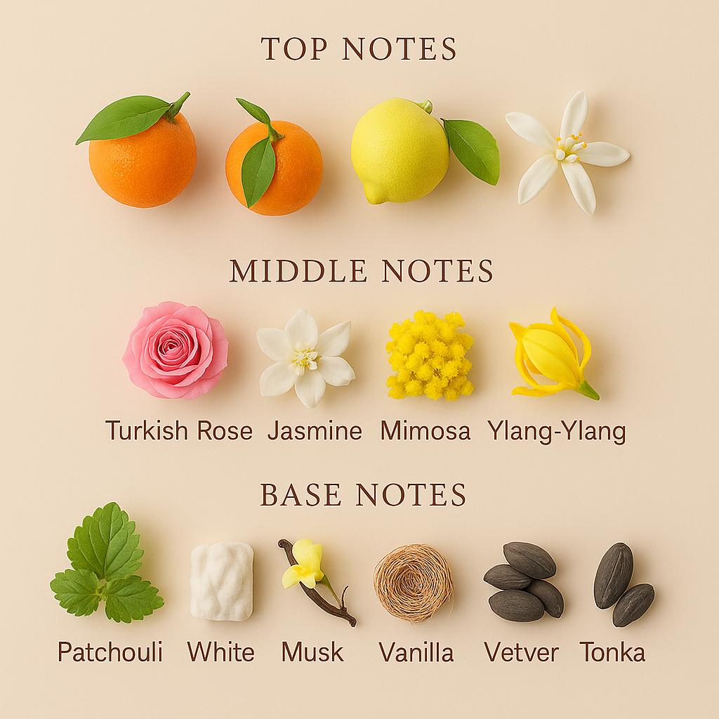 Diagram of top, middle, and base notes with corresponding flowers and herbs on a beige background.