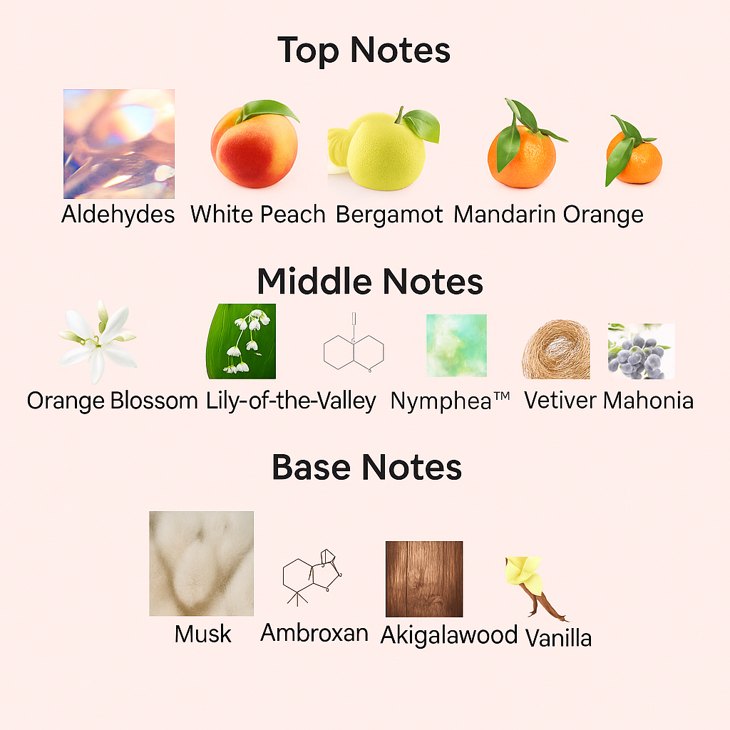 Chart of top, middle, and base notes with corresponding images and names on a light pink background.
