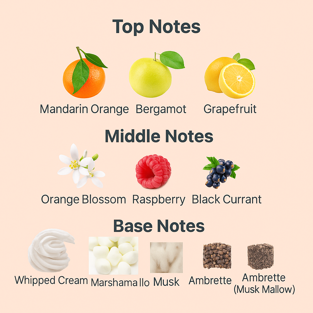 Chart of top, middle, and base notes with corresponding fruits and flowers on a beige background