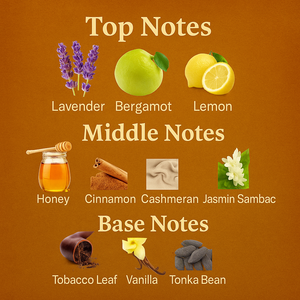 Chart of top, middle, and base notes with corresponding botanical images on a brown background