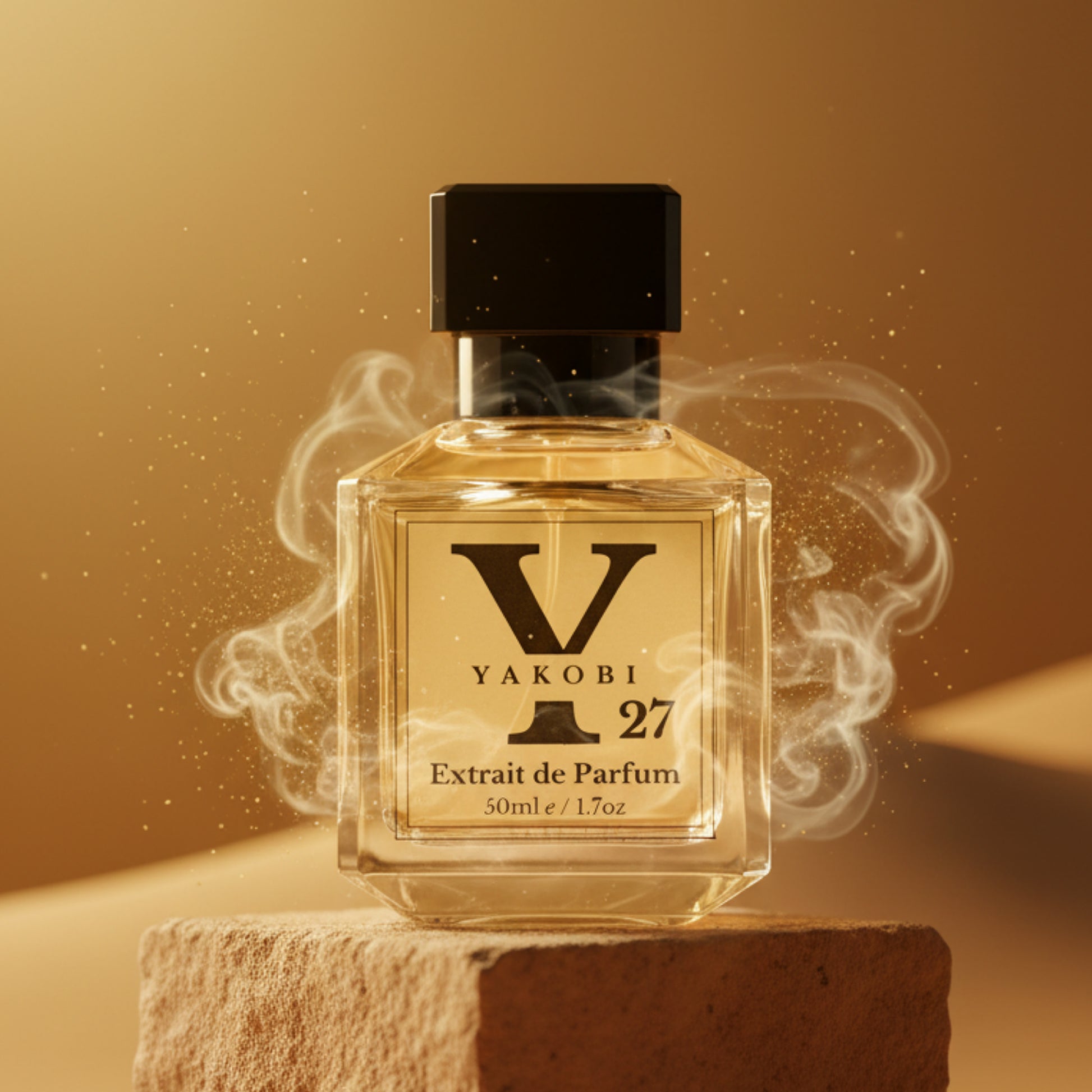 Yakobi 27 perfume bottle on a gold background