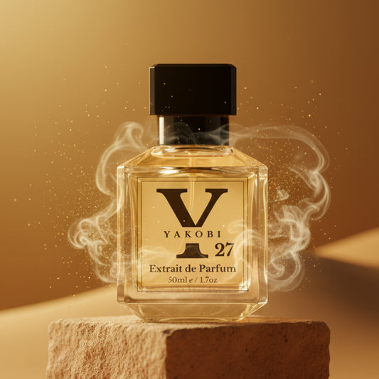 Yakobi 27 perfume bottle on a gold background