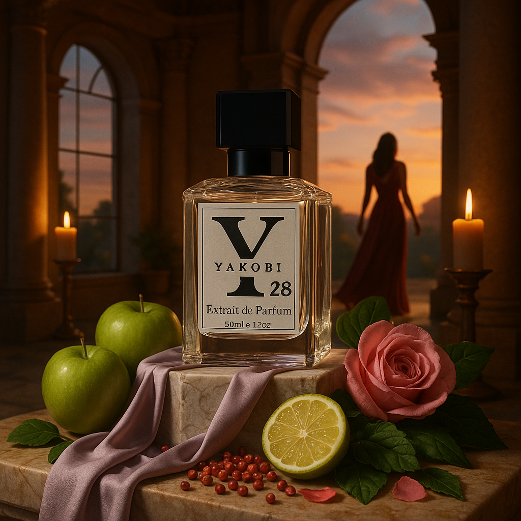 Yakobi Y28 Domina bottle on marble with lilac silk, green apple, rose, and candlelight in a Roman-style room, evoking bold, elegant feminine power.
