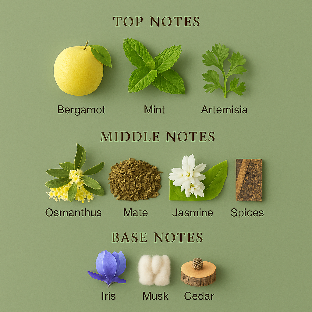 Chart of top, middle, and base notes with corresponding botanical illustrations on a green background