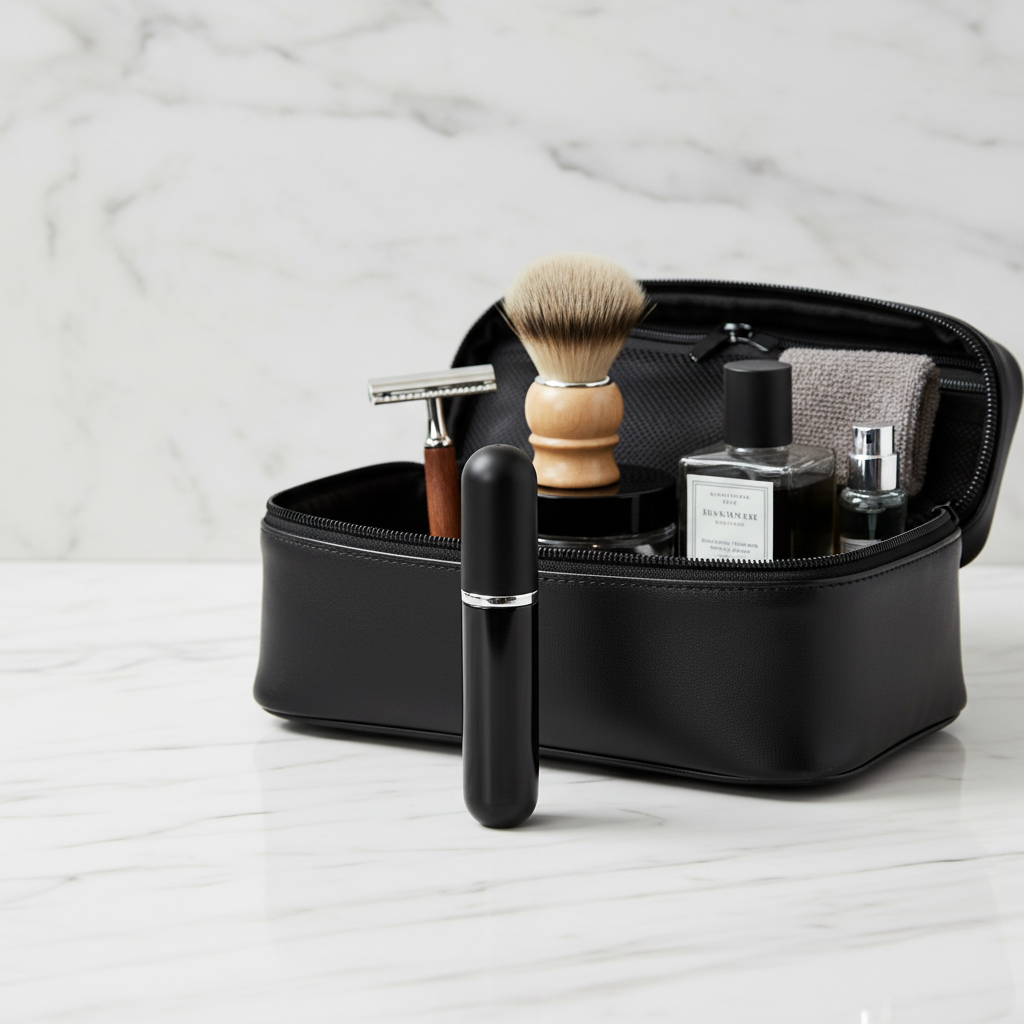 A 5ml travel perfume atomiser standing prominently in front of a men’s grooming kit, surrounded by shaving tools and cologne, ideal for daily or business travel.