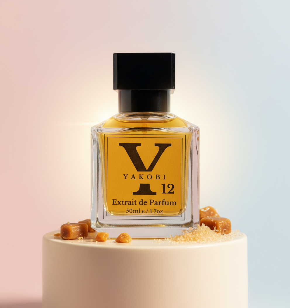 Yakobi Extrait de Parfum bottle with a yellow label on a gradient background