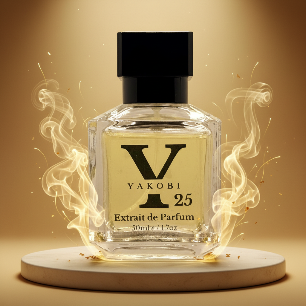 Yakobi Y25 Extrait de Parfum bottle with decorative smoke effects on a beige background