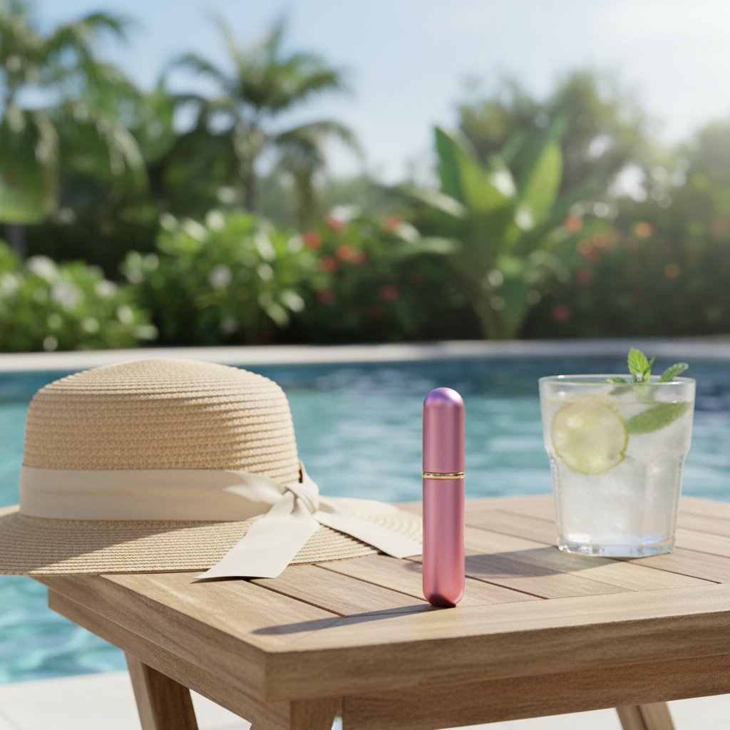 A 5ml travel perfume atomiser displayed upfront on a wooden poolside table with a sun hat and refreshing drink behind it, perfect for summer holidays and resort travel.