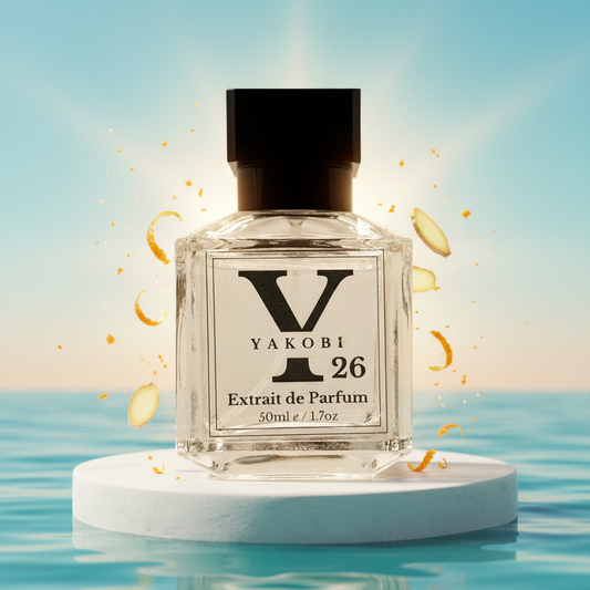 Yakobi Y26 perfume bottle on a blue gradient background