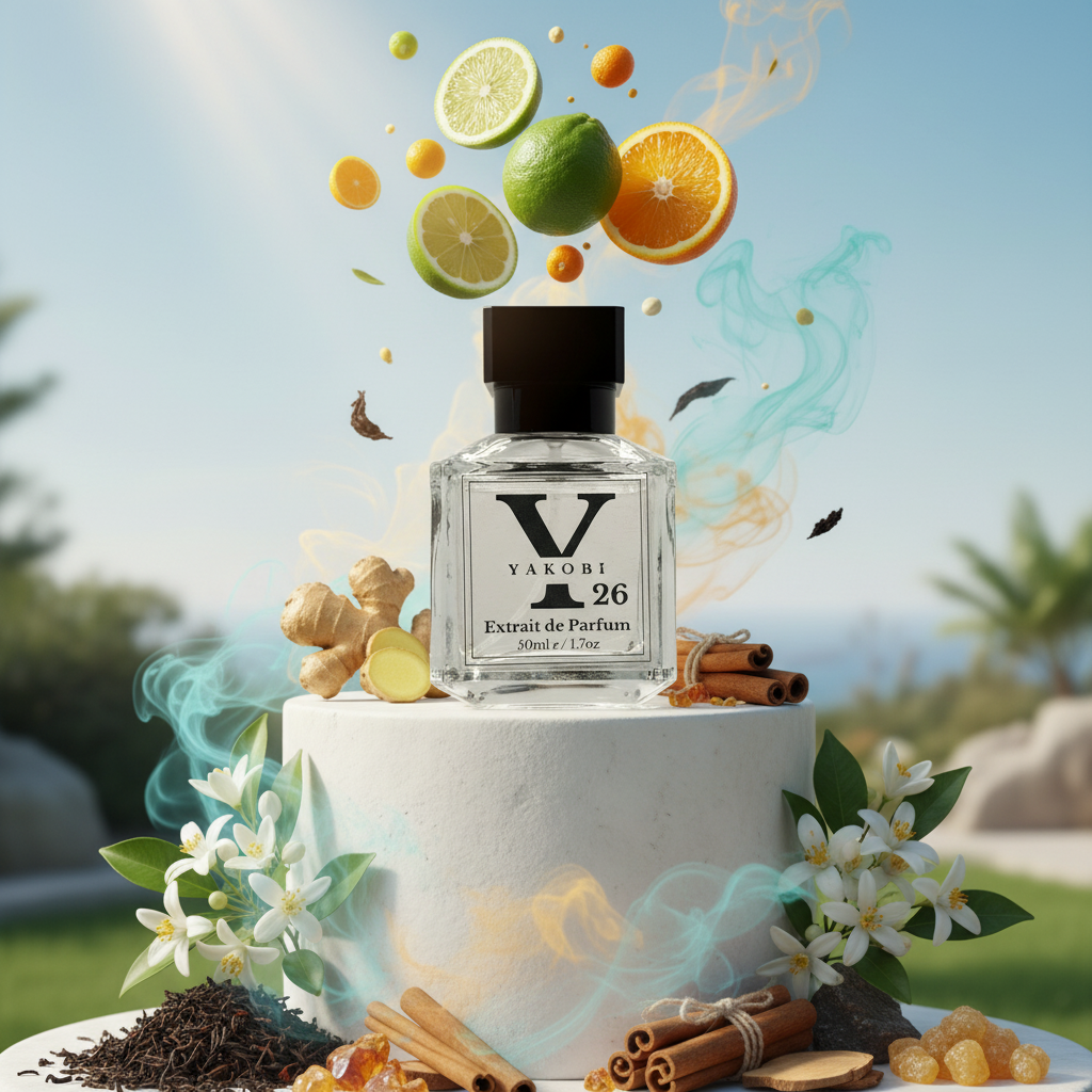 Yakobi Y26 perfume bottle with citrus fruits and flowers on a scenic background