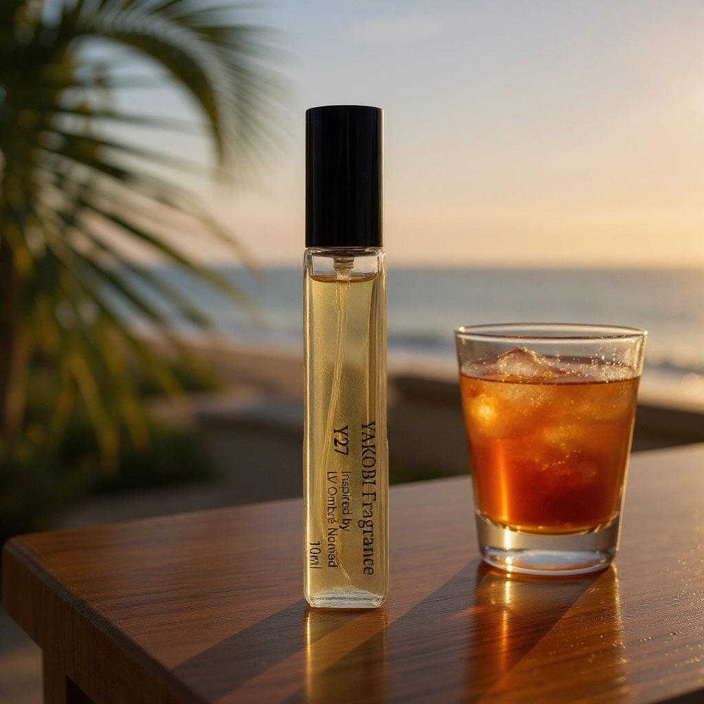 Perfume bottle and glass of iced drink on a wooden table with a beach sunset background