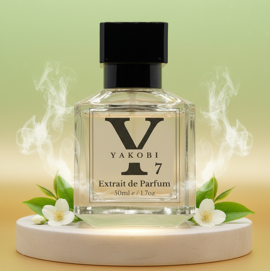 Yakobi Y7 Extrait de Parfum bottle with decorative elements on a light green background