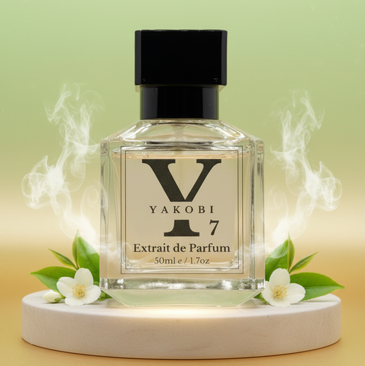 Yakobi Y7 Extrait de Parfum bottle with decorative elements on a light green background