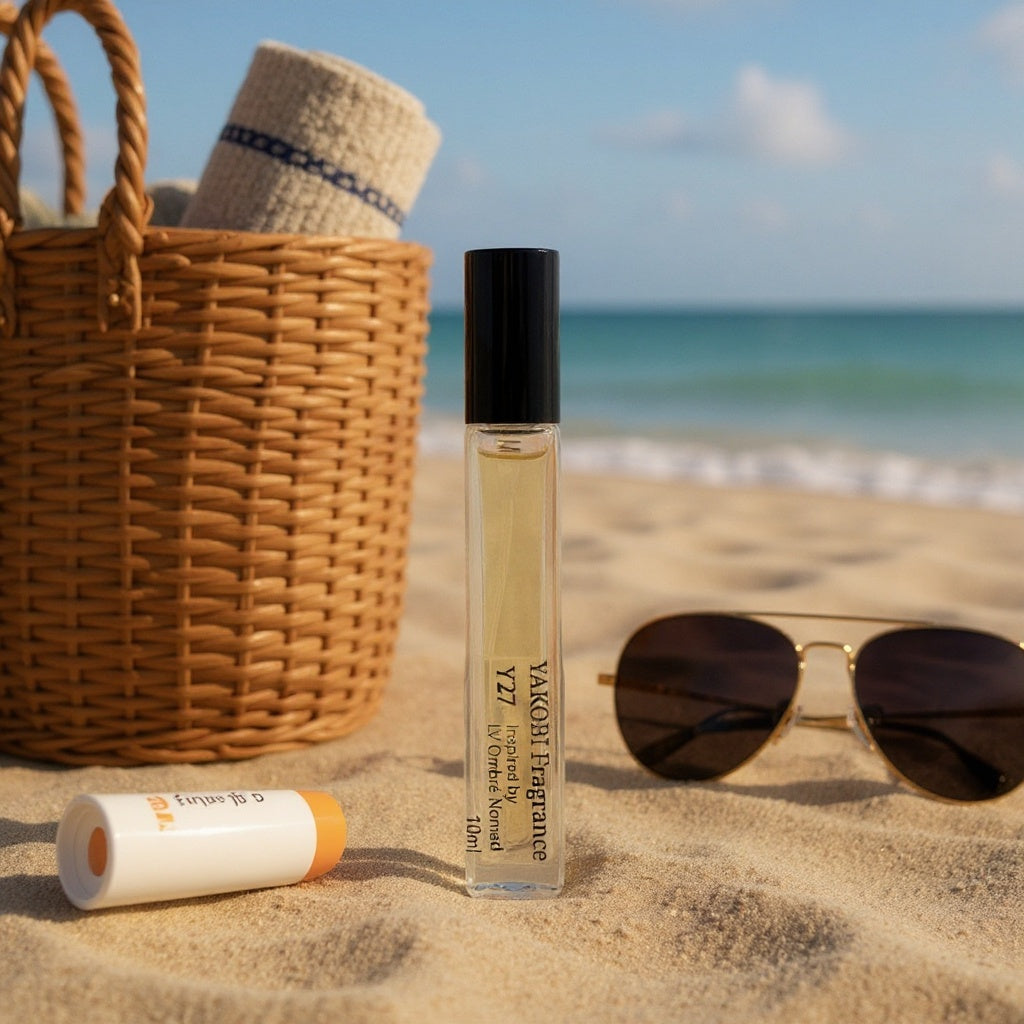 Perfume bottle, sunglasses, and lip balm on a sandy beach with ocean view