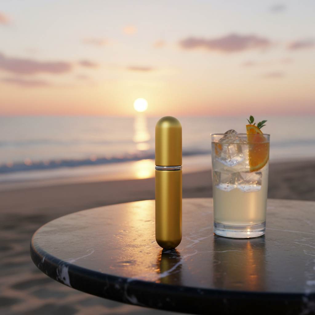 A 5ml travel perfume atomiser standing in the foreground on a table at the beach, with a cocktail and glowing sunset behind it, capturing holiday luxury and relaxation.