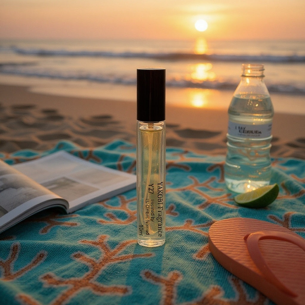 Perfume bottle, water bottle, lime, and open book on a beach towel with sunset in the background