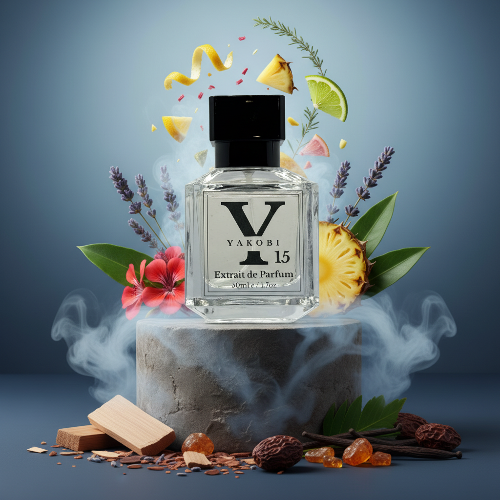 Perfume bottle with floral and fruit elements on a blue background